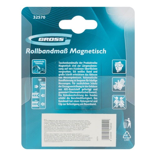 Рулетка Magnetisch 3 м х 16 мм,обрезиненный корпус,автоматическая фиксация,Нейлоновое покрытиеытие,зацеп с магнитом Gross фото 8