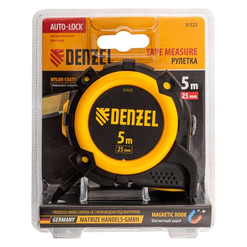 Рулетка 5м х 25мм, автоматич. фиксац., нейлон. покрытие, магнит. зацеп, двухстор. разметка Denzel фото 6