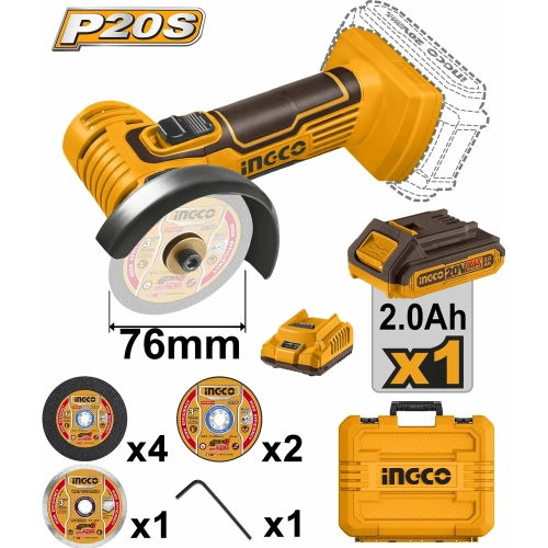 Аккумуляторная угловая шлифовальная машина INGCO INDUSTRIAL 76 мм Li-Ion 20В CAGLI76012 фото 3