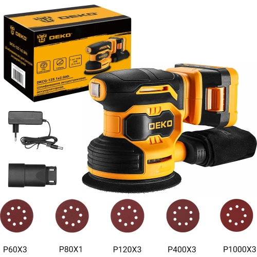 Шлифмашина эксцентриковая аккумуляторная DEKO DKCG-125, 20В, 1x2.0Ач 084-1041