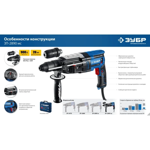 Перфоратор ЗУБР Профессионал SDS Plus + БЗП 28 мм, 900 Вт ЗП-2890 мс фото 11 Перфоратор ЗУБР Профессионал SDS Plus + БЗП 28 мм, 900 Вт ЗП-2890 мс фото 11
