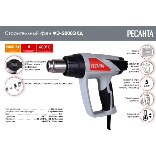 Строительный фен Ресанта ФЭ-2000ЭКД 75/2/3 фото 3 Строительный фен Ресанта ФЭ-2000ЭКД 75/2/3 фото 3