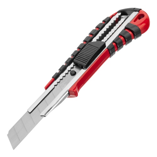 Нож, 18 мм, выдвижное лезвие металлическая направляющая, эргономичная двухкомпонентная рукоятка Matrix Нож, 18 мм, выдвижное лезвие металлическая направляющая, эргономичная двухкомпонентная рукоятка Matrix