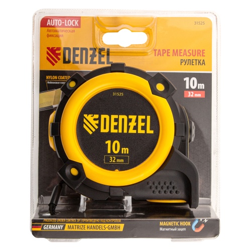 Рулетка 10м х 32мм, автоматич. фиксац., нейлон. покрытие, магнит. зацеп, двухстор. разметка Denzel фото 6