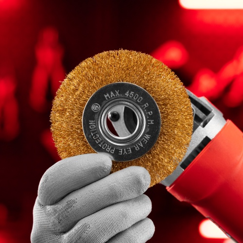 Щетка для УШМ, 100 мм, посадка 22.2 мм, плоская, латунированная витая проволока Matrix фото 6 Щетка для УШМ, 100 мм, посадка 22.2 мм, плоская, латунированная витая проволока Matrix фото 6