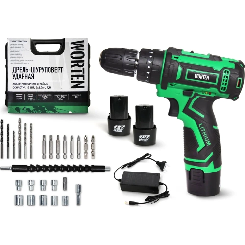 Дрель-шуруповерт ударная аккумуляторная WORTEN в кейсе + оснастка 13 шт, 2x2.0Ач, 12В IM КА-90000580