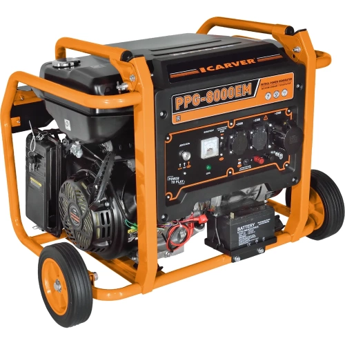 Генератор CARVER PPG- 8000ЕM бензин LT-190F, 6,0/6,5кВт, 220В, бак 33 л, электростартер, колеса. медь 01.020.00030