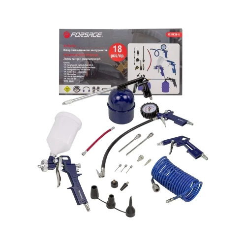 Набор пневмоинструмента Forsage 18 предметов, краскопульт-сопло 1.5 мм, обдувочник-сопла 110,140 мм, подкачка+10 адаптеров, 1 шланг для подкачки, промывка, шланг 5м F-8031K18-G /E-70/(52048) Набор пневмоинструмента Forsage 18 предметов, краскопульт-сопло 1.5 мм, обдувочник-сопла 110,140 мм, подкачка+10 адаптеров, 1 шланг для подкачки, промывка, шланг 5м F-8031K18-G /E-70/(52048)