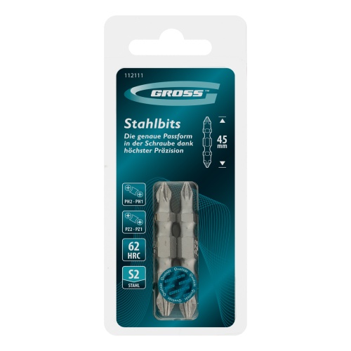 Набор бит двухстор., PH2-PH1х45мм, PZ2-PZ1х45мм, сталь S2, 2 шт. Gross фото 5
