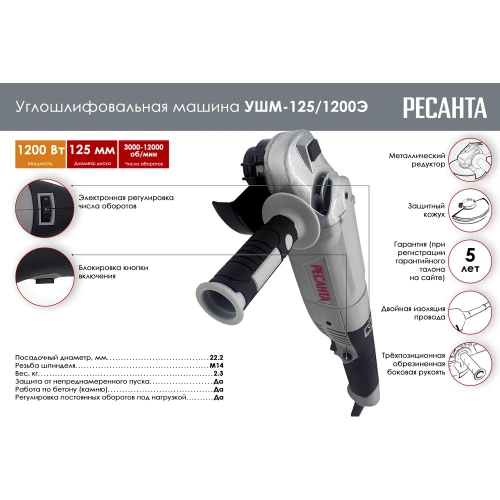 Углошлифовальная машина Ресанта УШМ-125/1200Э 75/12/4 фото 3 Углошлифовальная машина Ресанта УШМ-125/1200Э 75/12/4 фото 3