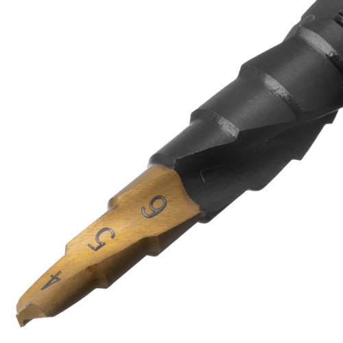 Сверло ступенчатое 4-5-6-7-8-9-10-11-12 мм, Р6М5, 6-гр. хвостовик Denzel фото 4