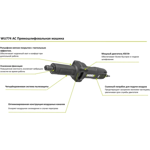 Прямошлифовальная машина WORX Professional 450 Вт, 6 мм WU774 фото 3
