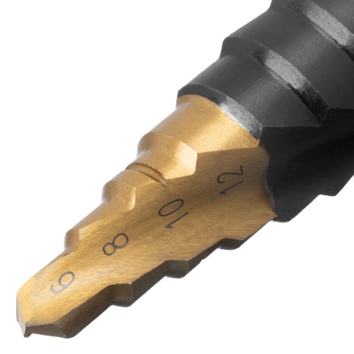 Сверло ступенчатое, 6-8-10-12-14-16-18-20-22-24-26-28-30мм, Р6М5, 6-гр. хвостовик Denzel фото 4