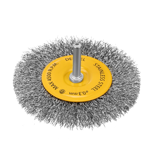 Щетка для дрели 100 мм, Плоская, со шпилькой, нержавеющая витая проволока Denzel Щетка для дрели 100 мм, Плоская, со шпилькой, нержавеющая витая проволока Denzel