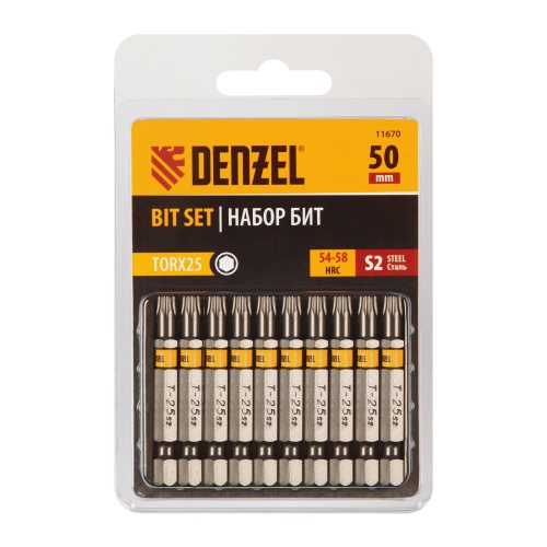 Бита TX 25х50, сталь S2, шестигранный профиль, 10 шт. Е 6,3 Denzel фото 2 Бита TX 25х50, сталь S2, шестигранный профиль, 10 шт. Е 6,3 Denzel фото 2
