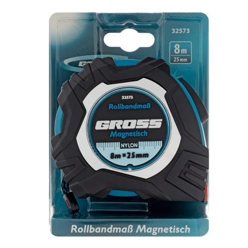 Рулетка Magnetisch 8 м х 25 мм,обрезиненный корпус,автоматическая фиксация,Нейлоновое покрытиеытие,зацеп с магнитом Gross фото 6