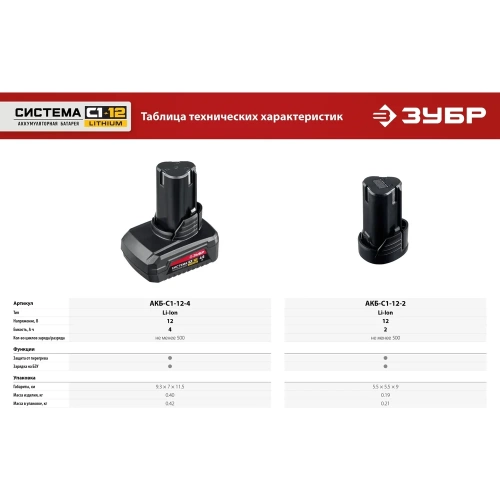 Аккумуляторная батарея ЗУБР 12В, Li-Ion, 2Ач, тип С1 АКБ-С1-12-2 фото 7