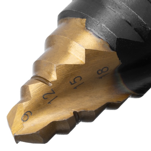 Сверло ступенчатое, 9-12-15-18-21-24-27-30-33-36 мм, Р6М5, 6-гр. хвостовик Denzel фото 4