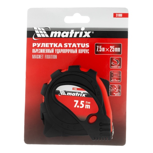Рулетка Status Magnet 3 fixations,7,5 м х 25 мм,обрезиненный корпус,зацеп с магнитом Matrix фото 6
