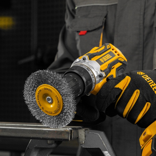 Щетка для дрели 100 мм, Плоская, со шпилькой, нержавеющая витая проволока Denzel фото 9 Щетка для дрели 100 мм, Плоская, со шпилькой, нержавеющая витая проволока Denzel фото 9