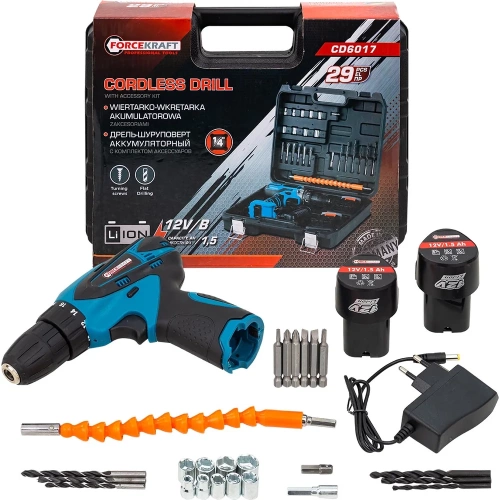Дрель-шуруповерт аккумуляторная FORCEKRAFT с набором аксессуаров FK-CD6017(64834)