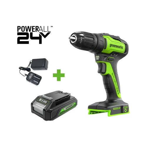 Бесщеточная дрель-шуруповерт GreenWorks GD24DD35, 24В, 29/35 Нм, 1x2Ач,ЗУ, 3704007VUA Бесщеточная дрель-шуруповерт GreenWorks GD24DD35, 24В, 29/35 Нм, 1x2Ач,ЗУ, 3704007VUA