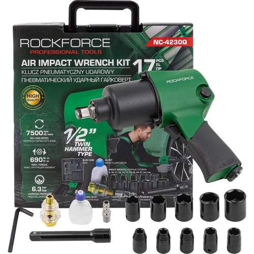 Гайковерт пневматический ударный Rockforce 1/2 (690Нм) в комплекте с набором инструментов, 17 предметов RF-NC-4230Q (61574) Гайковерт пневматический ударный Rockforce 1/2 (690Нм) в комплекте с набором инструментов, 17 предметов RF-NC-4230Q (61574)