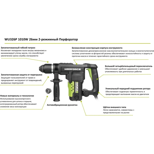 Перфоратор WORX Professional WU326P 1010Вт, SDS Plus, 26мм, 5Дж, кейс WU326P фото 3 Перфоратор WORX Professional WU326P 1010Вт, SDS Plus, 26мм, 5Дж, кейс WU326P фото 3