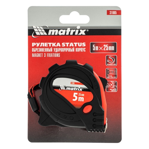 Рулетка Status Magnet 3 fixations,5 м х 25 мм,обрезиненный корпус,зацеп с магнитом Matrix фото 7