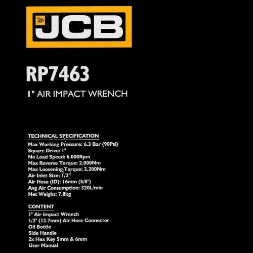 Пневмогайковерт ударный JCB с коротким валом, реверсом и регулировкой усилия 1" JCB-RP7463(58333) фото 10 Пневмогайковерт ударный JCB с коротким валом, реверсом и регулировкой усилия 1" JCB-RP7463(58333) фото 10