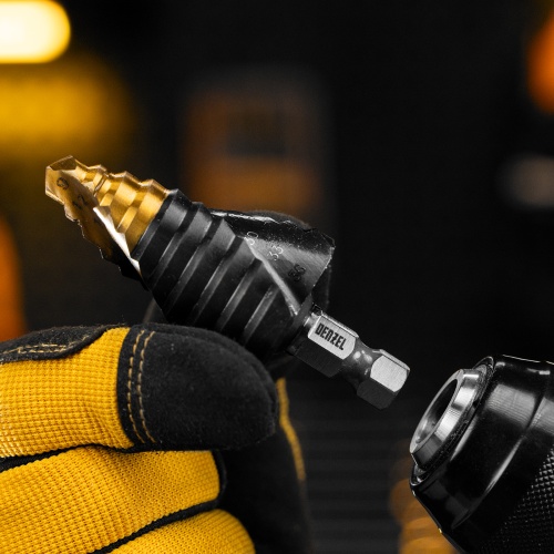 Сверло ступенчатое, 9-12-15-18-21-24-27-30-33-36 мм, Р6М5, 6-гр. хвостовик Denzel фото 9