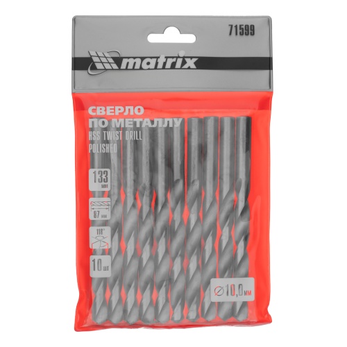 Сверло по металлу, 10 мм, полированное, HSS, 10 шт, цилиндрический хвостовик Matrix фото 5
