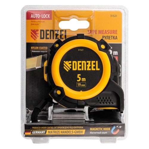 Рулетка 5м х 19мм, автоматич. фиксац., нейлон. покрытие, магнит. зацеп, двухстор. разметка Denzel фото 6