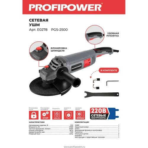 Сетевая УШМ Profipower (болгарка) PGS-2500 (2500Вт, 230мм, 6500об/мин, 3 положения рукоятки, коробка) E0278 фото 8