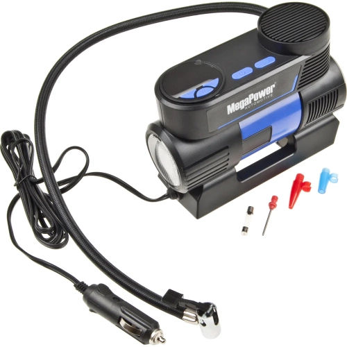 Поршневой компрессор MEGAPOWER 150PSI 20 л/мин, цифровой манометр, автоматический фиксатор давления, 12A, 12V, с LED-фонарём M-53017 Поршневой компрессор MEGAPOWER 150PSI 20 л/мин, цифровой манометр, автоматический фиксатор давления, 12A, 12V, с LED-фонарём M-53017