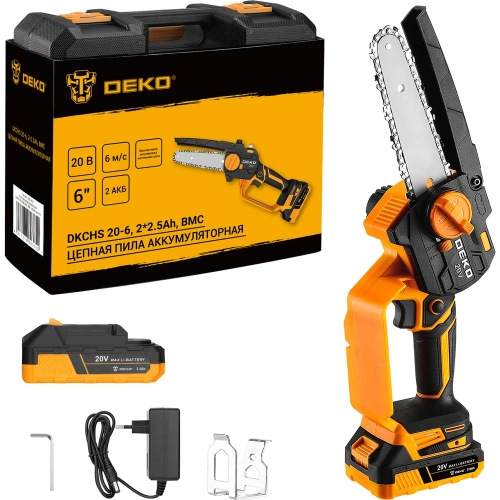 Пила цепная аккумуляторная DEKO DKCHS 20-6, 20В, 2x2.5Ач в кейсе 085-2014