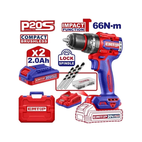 Дрель ударная бесщеточная аккумуляторная EMTOP ECIDL20668 фото 3