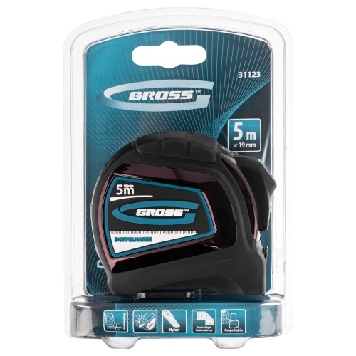 Рулетка "Doppelhaken",5 м x 19 мм,двухсторонний зацеп,Нейлон,двусторонняя шкала,автоматическая фиксация Gross фото 6