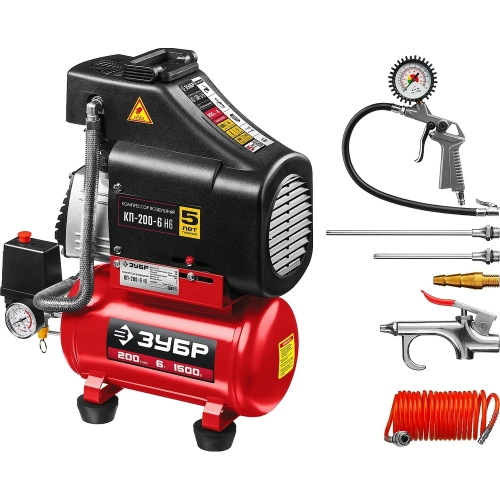 Безмасляный воздушный компрессор ЗУБР набор аксессуаров, 200 л/мин, 6 л ресивер, 1500 Вт КП-200-6 Н6
