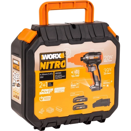 Винтоверт ударный бесщеточный аккумуляторный WORX 20В, 200Нм, 2Ач х2, ЗУ 2А, кейс WX265 фото 11 Винтоверт ударный бесщеточный аккумуляторный WORX 20В, 200Нм, 2Ач х2, ЗУ 2А, кейс WX265 фото 11