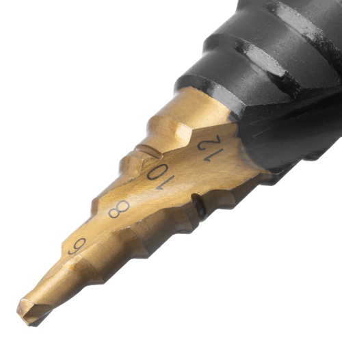 Сверло ступенчатое, 4-6-8-10-12-14-16-18-20-22-24-26-28-30-32 мм, Р6М5, 6-гр. хвостовик Denzel фото 4