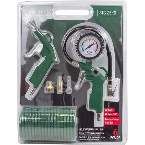 Пистолет для подкачки шин Rockforce с манометром в комплекте с пистолетом обдувочным и шлангом 0-8.5 Bar, шланг 5м, в блистере RF-STG-26K6(52801) фото 4 Пистолет для подкачки шин Rockforce с манометром в комплекте с пистолетом обдувочным и шлангом 0-8.5 Bar, шланг 5м, в блистере RF-STG-26K6(52801) фото 4