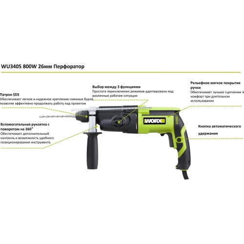 Перфоратор WORX Professional WU340S 800Вт, 26мм, 3Дж, кейс WU340S фото 3 Перфоратор WORX Professional WU340S 800Вт, 26мм, 3Дж, кейс WU340S фото 3