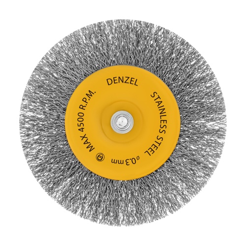 Щетка для дрели 100 мм, Плоская, со шпилькой, нержавеющая витая проволока Denzel фото 2 Щетка для дрели 100 мм, Плоская, со шпилькой, нержавеющая витая проволока Denzel фото 2