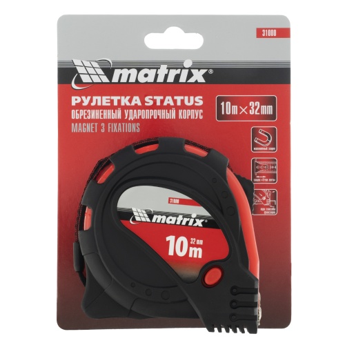 Рулетка Status Magnet 3 fixations,10 м х 32 мм,обрезиненный корпус,зацеп с магнитом Matrix фото 6