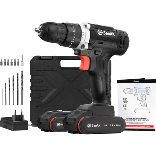 Ударная дрель-шуруповерт БелАК щеточная, 21V 40Hm, В кейсе с битами, 2 АКБ БАК.53312